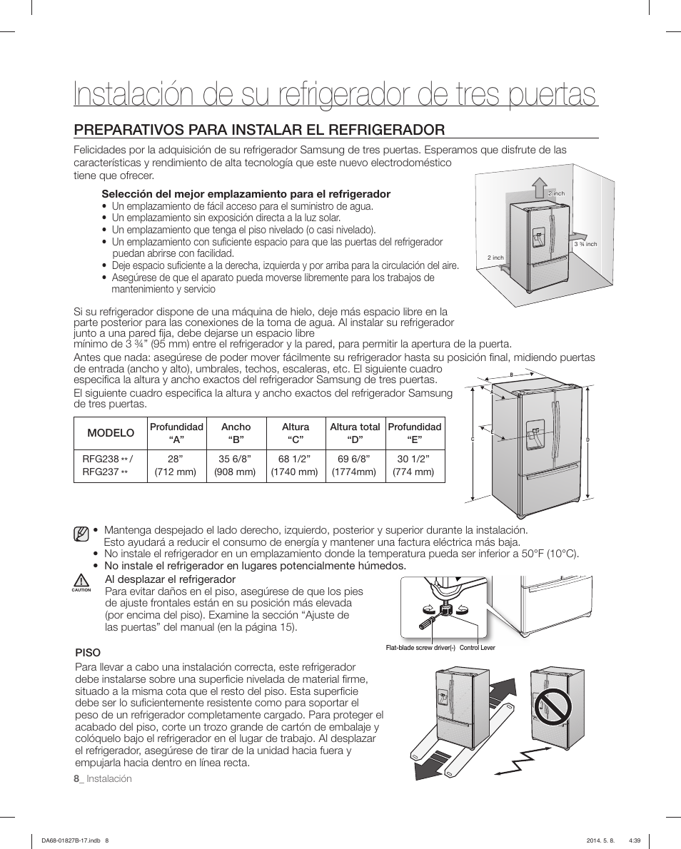 Instalación de su refrigerador de tres puertas, Preparativos para instalar el refrigerador | Samsung RFG237AAWP-XAA User Manual | Page 58 / 100