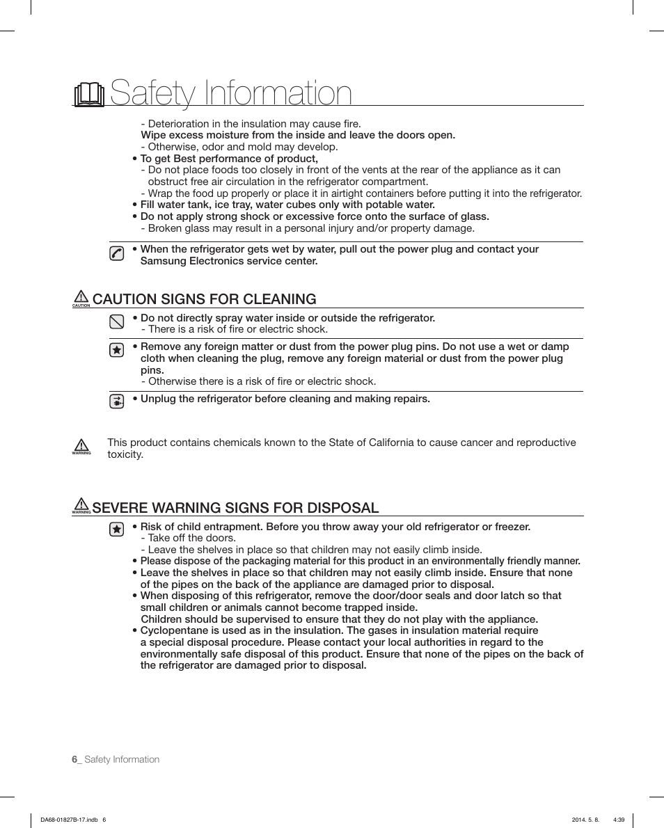 Safety information, Caution signs for cleaning, Severe warning signs for disposal | Samsung RFG237AAWP-XAA User Manual | Page 6 / 100