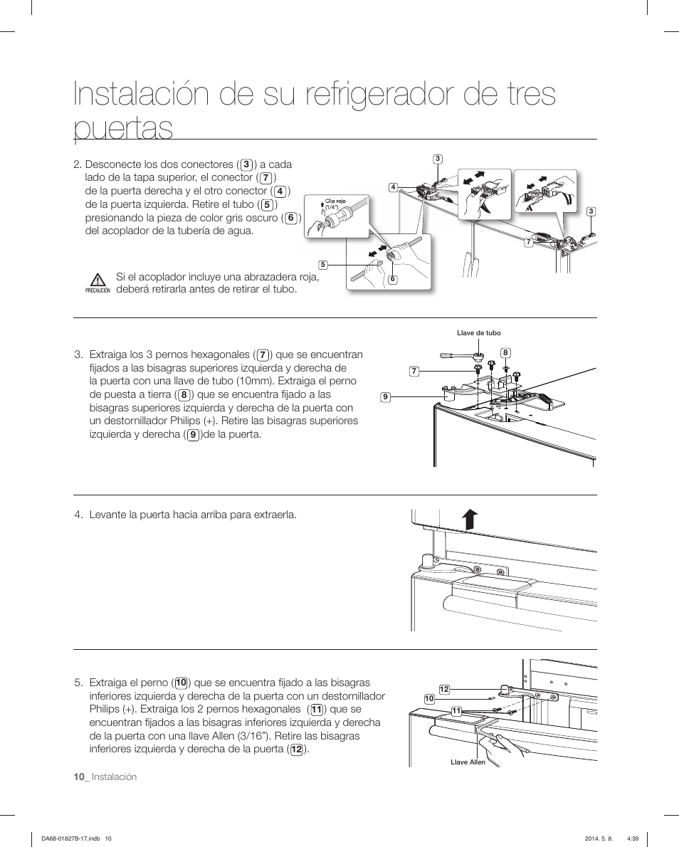 Instalación de su refrigerador de tres puertas | Samsung RFG237AAWP-XAA User Manual | Page 60 / 100