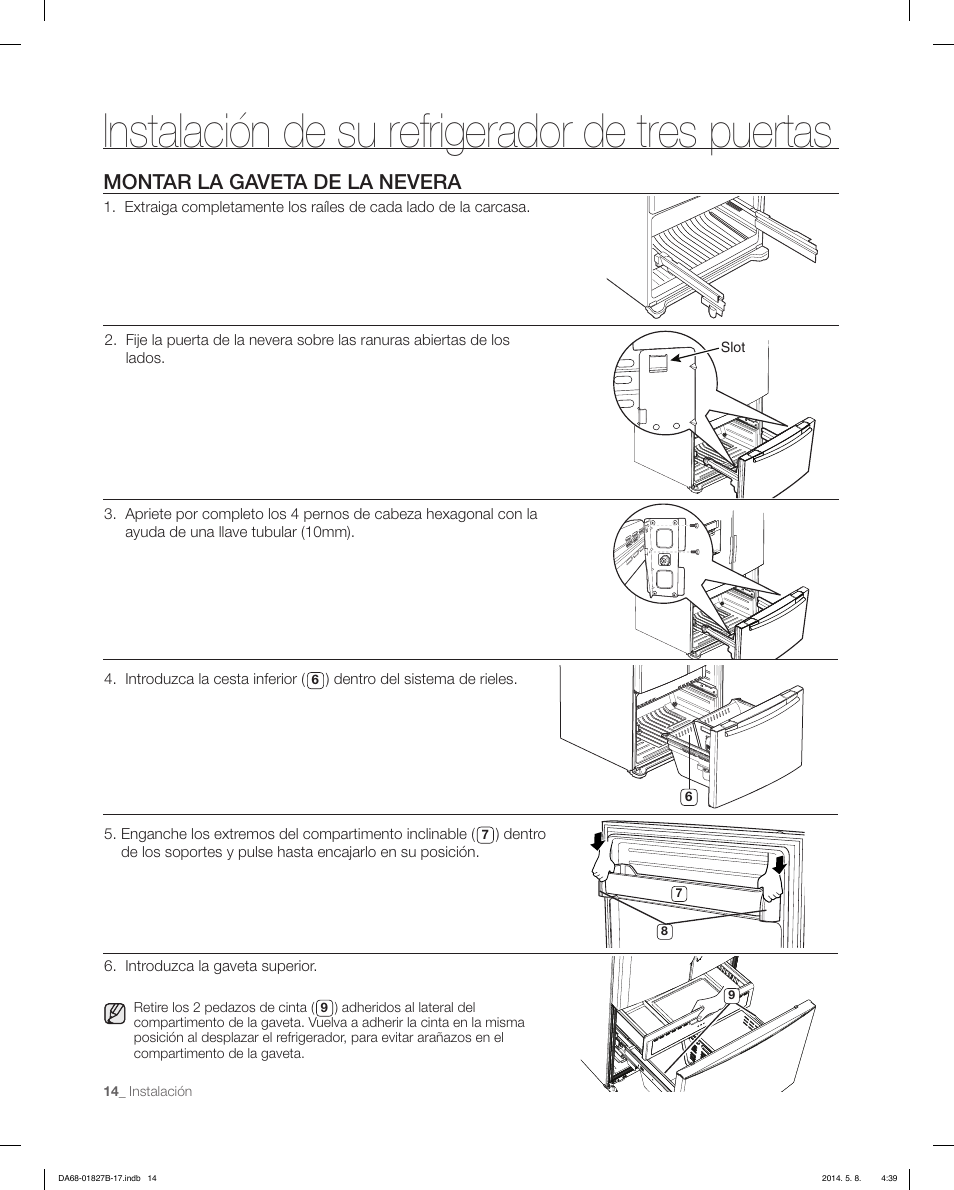 Instalación de su refrigerador de tres puertas, Montar la gaveta de la nevera | Samsung RFG237AAWP-XAA User Manual | Page 64 / 100