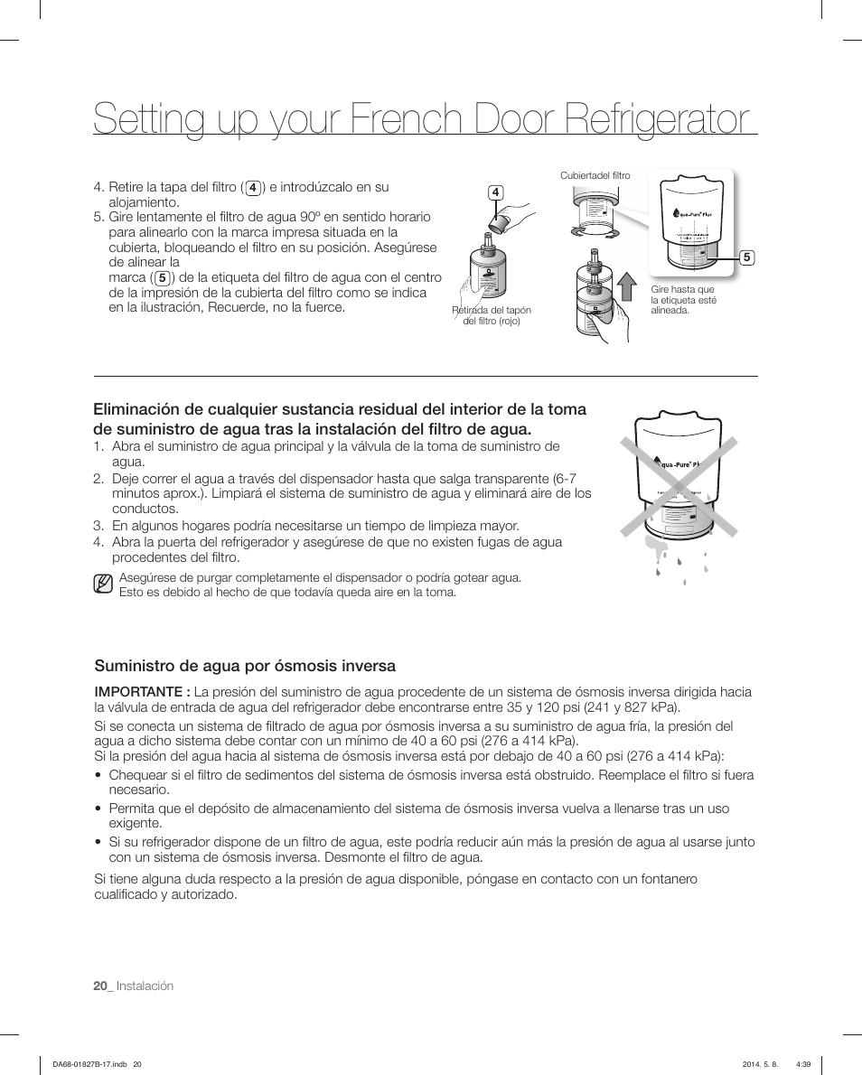 Setting up your french door refrigerator, Suministro de agua por ósmosis inversa | Samsung RFG237AAWP-XAA User Manual | Page 70 / 100