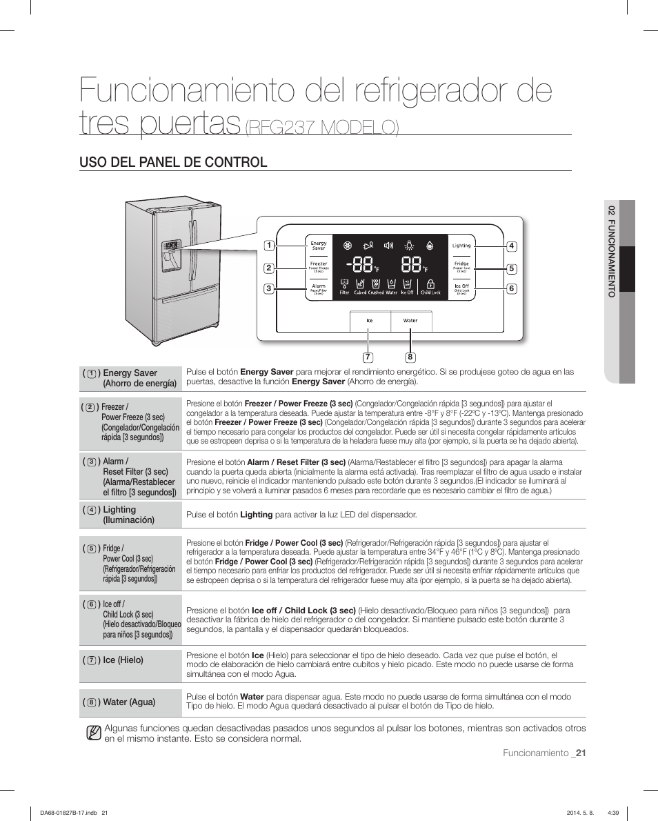 Funcionamiento del refrigerador de tres puertas, Rfg237 modelo), Uso del panel de control | Samsung RFG237AAWP-XAA User Manual | Page 71 / 100
