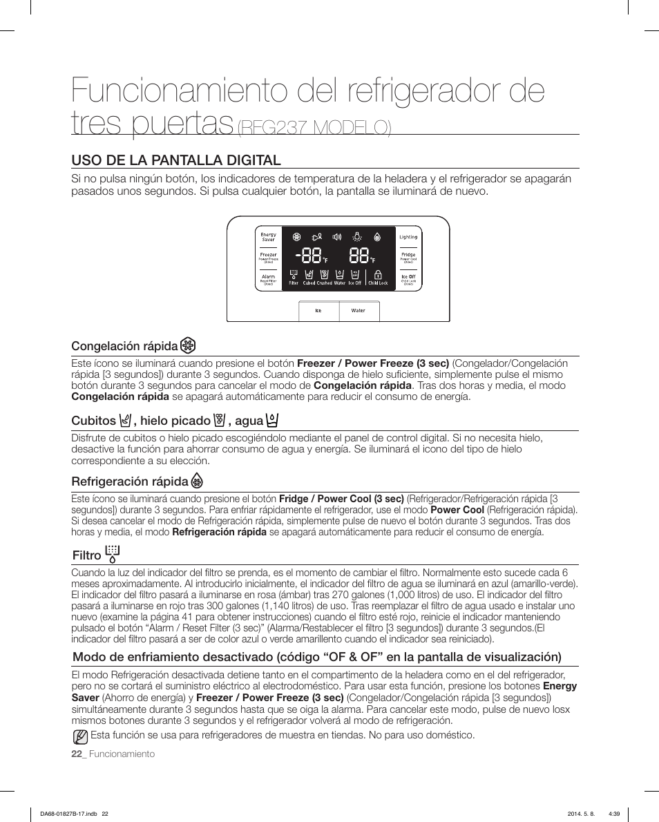 Funcionamiento del refrigerador de tres puertas, Rfg237 modelo), Uso de la pantalla digital | Samsung RFG237AAWP-XAA User Manual | Page 72 / 100