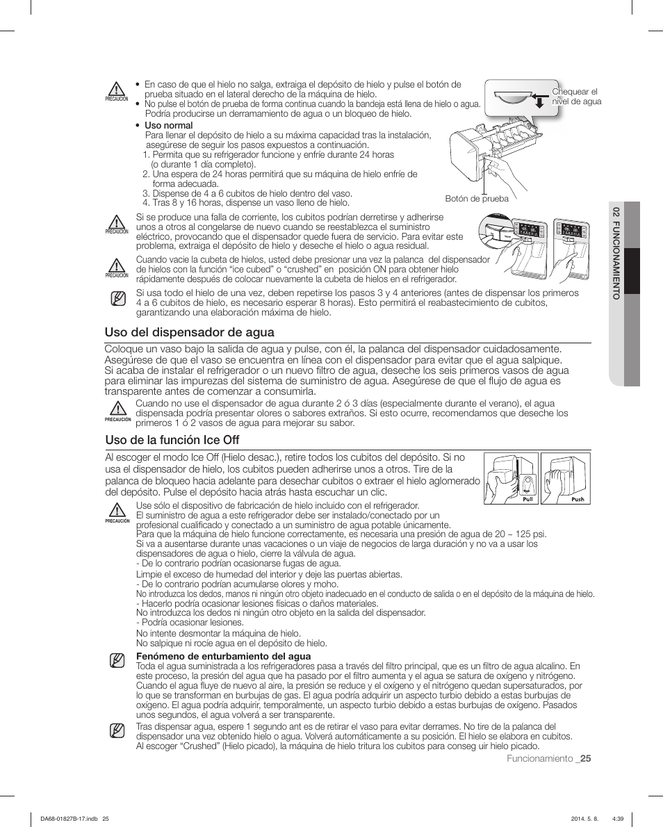 Uso de la función ice off, Uso del dispensador de agua | Samsung RFG237AAWP-XAA User Manual | Page 75 / 100