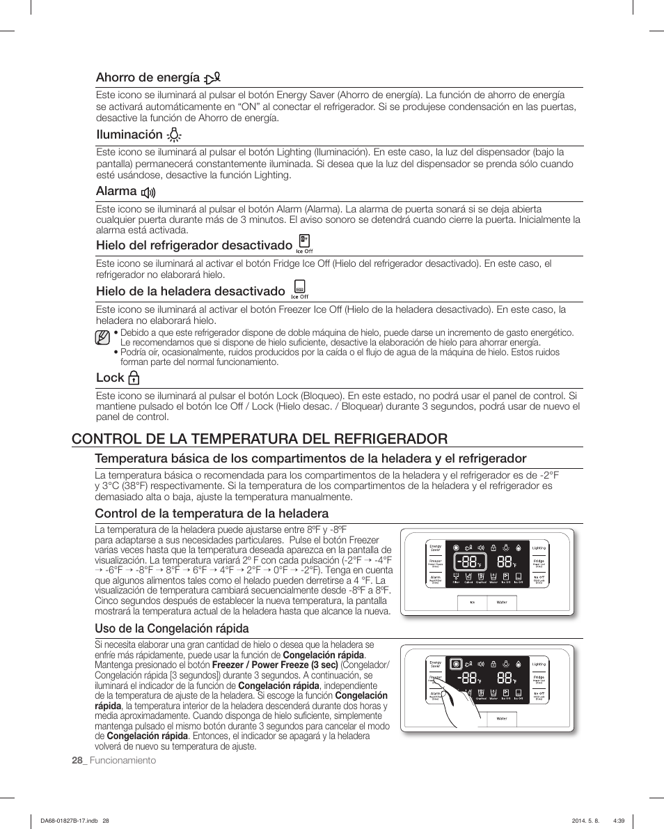 Control de la temperatura del refrigerador, Control de la temperatura de la heladera, Uso de la congelación rápida | Ahorro de energía, Lock, Iluminación, Alarma, Hielo del refrigerador desactivado, Hielo de la heladera desactivado | Samsung RFG237AAWP-XAA User Manual | Page 78 / 100