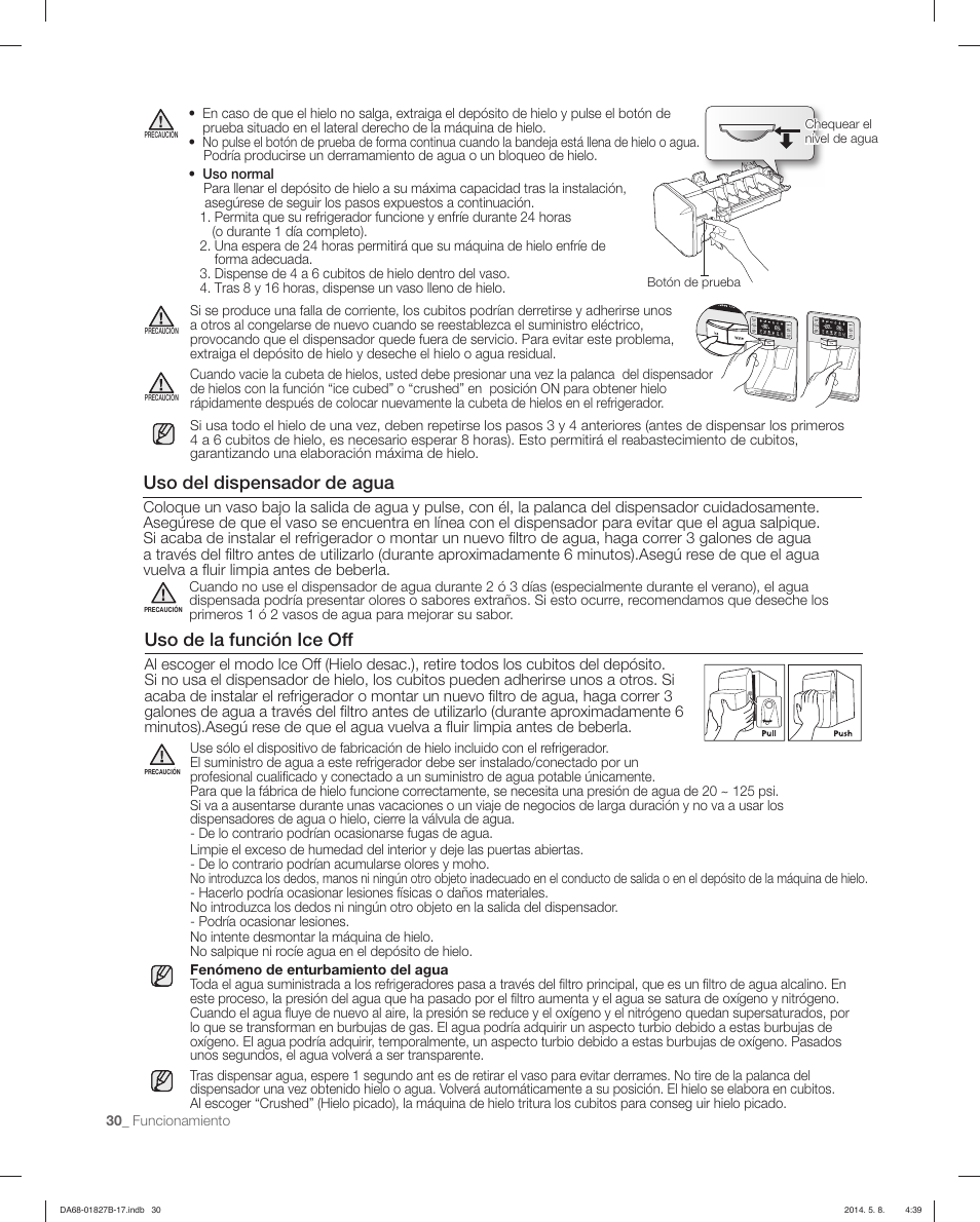 Uso de la función ice off, Uso del dispensador de agua | Samsung RFG237AAWP-XAA User Manual | Page 80 / 100