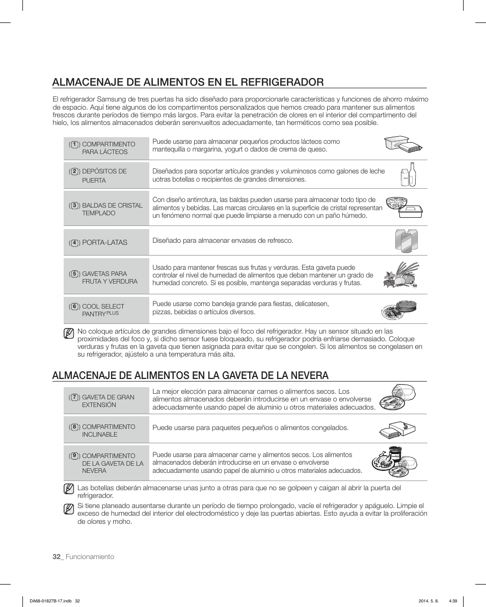 Almacenaje de alimentos en el refrigerador, Almacenaje de alimentos en la gaveta de la nevera | Samsung RFG237AAWP-XAA User Manual | Page 82 / 100