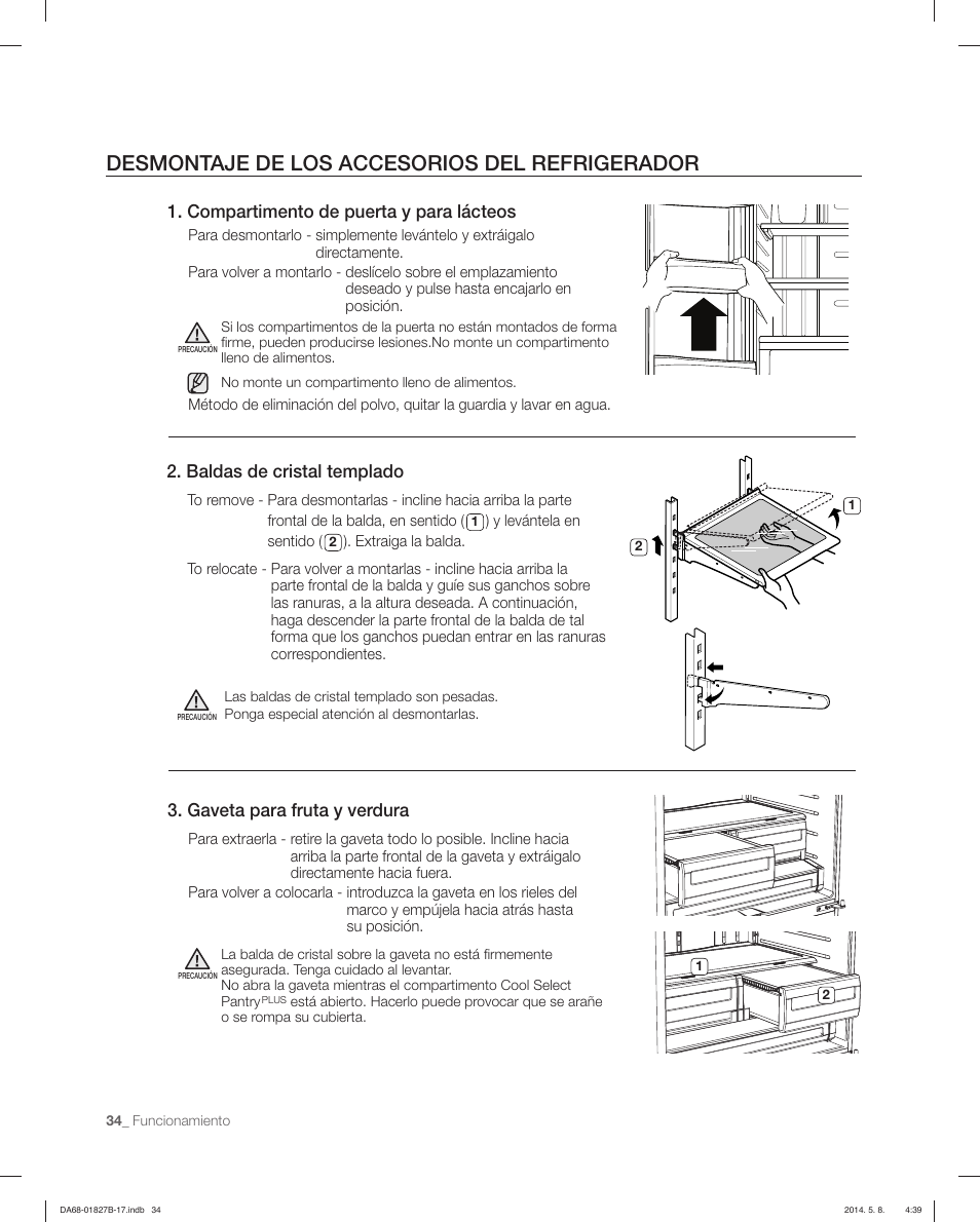 Desmontaje de los accesorios del refrigerador, Baldas de cristal templado, Compartimento de puerta y para lácteos | Gaveta para fruta y verdura | Samsung RFG237AAWP-XAA User Manual | Page 84 / 100