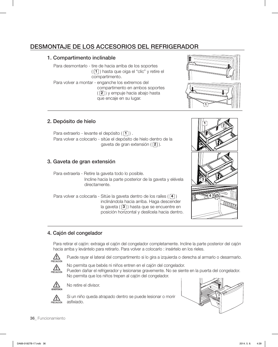 Desmontaje de los accesorios del refrigerador, Compartimento inclinable, Depósito de hielo | Gaveta de gran extensión, Cajón del congelador | Samsung RFG237AAWP-XAA User Manual | Page 86 / 100