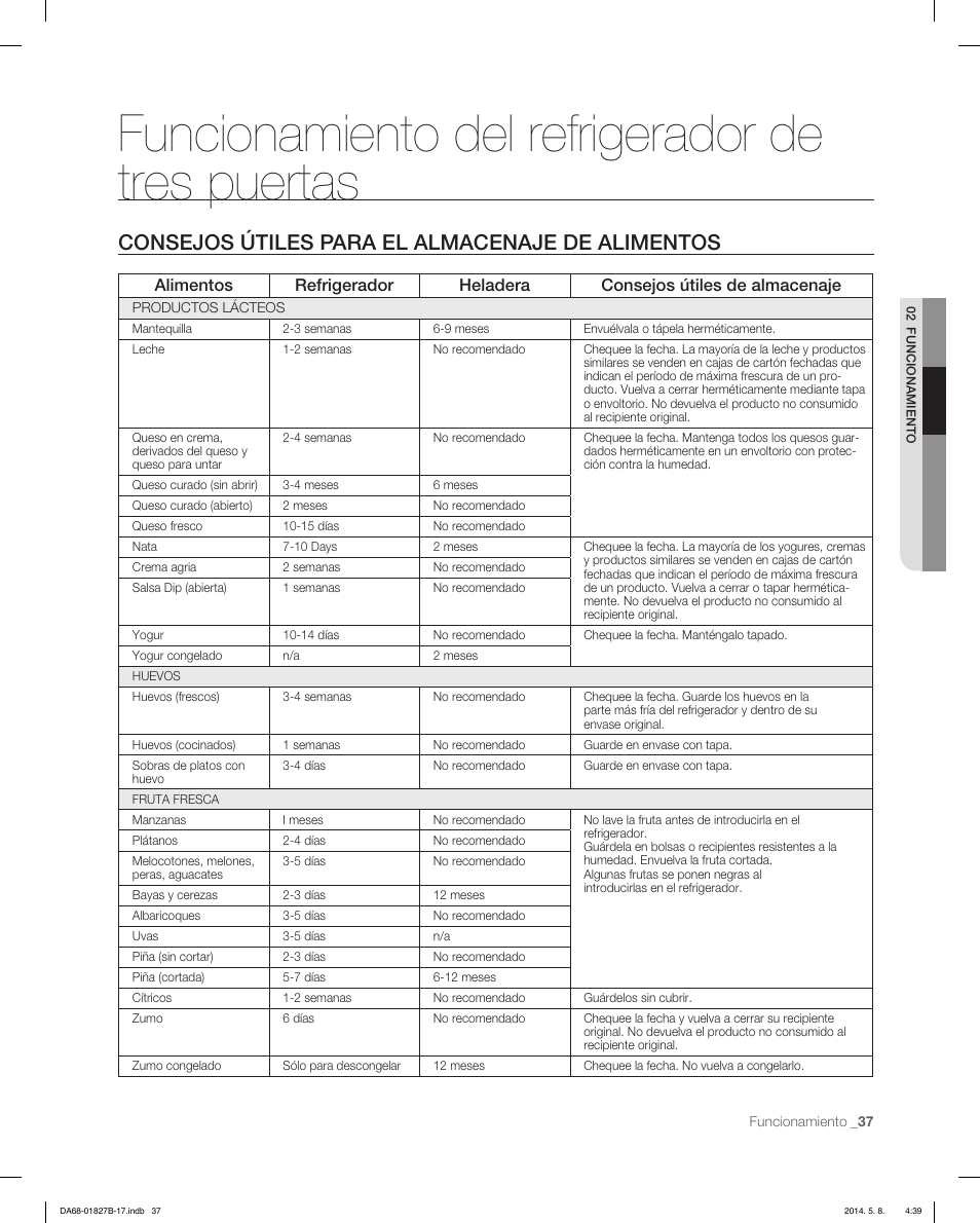 Funcionamiento del refrigerador de tres puertas, Consejos útiles para el almacenaje de alimentos | Samsung RFG237AAWP-XAA User Manual | Page 87 / 100