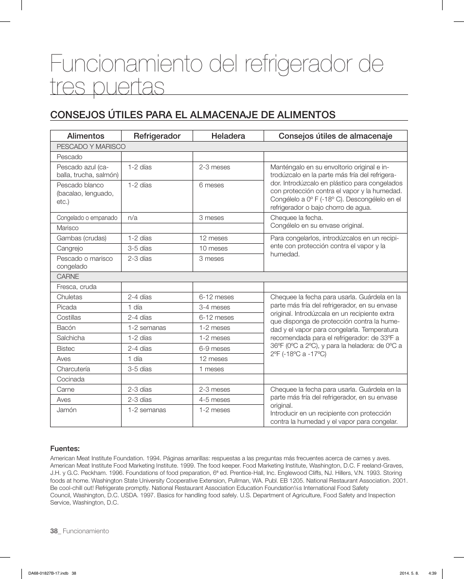 Funcionamiento del refrigerador de tres puertas, Consejos útiles para el almacenaje de alimentos | Samsung RFG237AAWP-XAA User Manual | Page 88 / 100