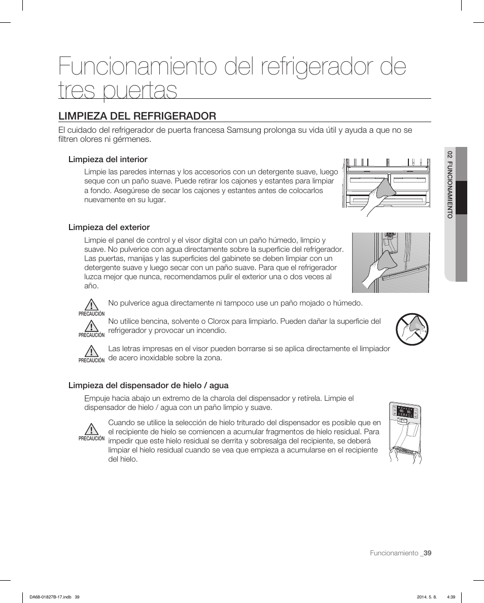 Funcionamiento del refrigerador de tres puertas, Limpieza del refrigerador | Samsung RFG237AAWP-XAA User Manual | Page 89 / 100