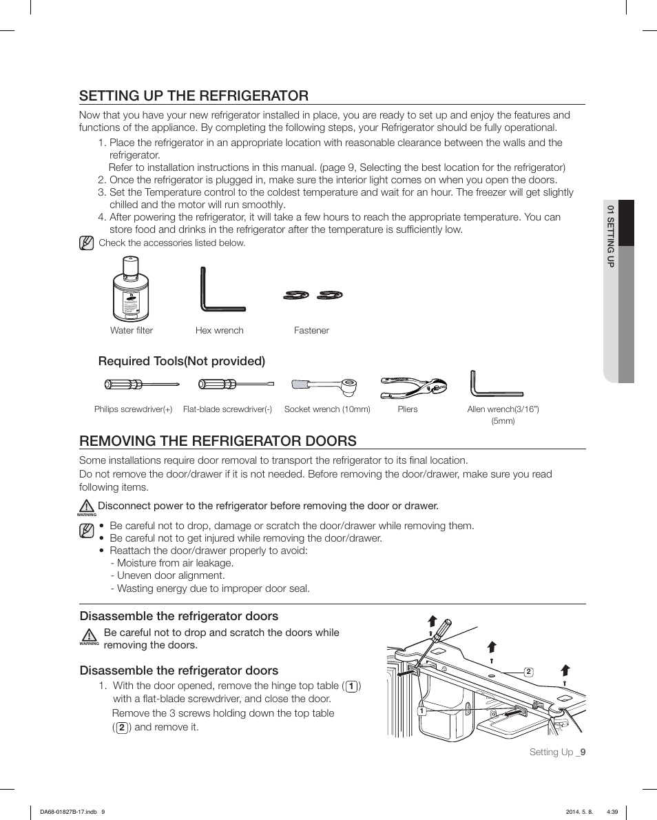 Setting up the refrigerator, Removing the refrigerator doors, Disassemble the refrigerator doors | Required tools(not provided) | Samsung RFG237AAWP-XAA User Manual | Page 9 / 100