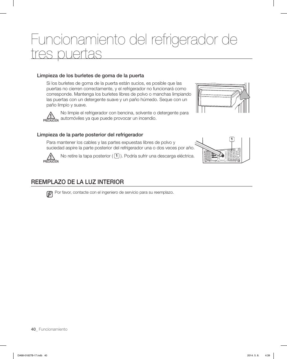 Funcionamiento del refrigerador de tres puertas, Reemplazo de la luz interior | Samsung RFG237AAWP-XAA User Manual | Page 90 / 100