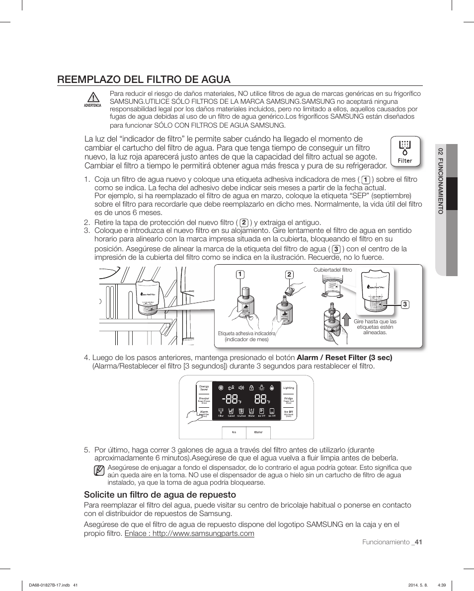 Reemplazo del filtro de agua, Solicite un ﬁ ltro de agua de repuesto | Samsung RFG237AAWP-XAA User Manual | Page 91 / 100