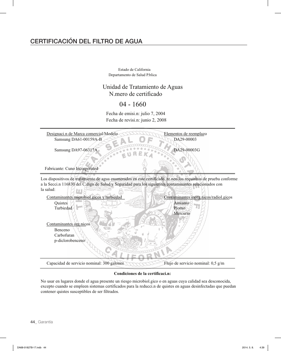 Certificación del filtro de agua | Samsung RFG237AAWP-XAA User Manual | Page 94 / 100
