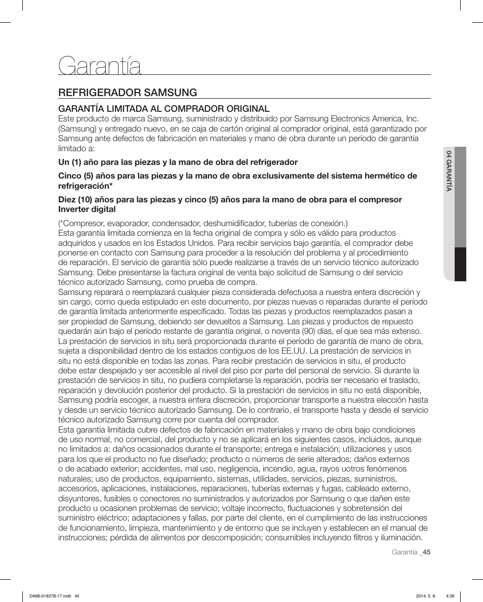 Garantía, Refrigerador samsung | Samsung RFG237AAWP-XAA User Manual | Page 95 / 100