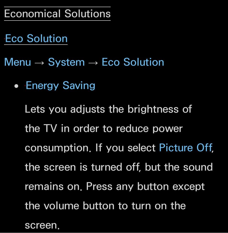 Economical solutions, Eco solution menu → system → eco solution | Samsung UN55FH6200FXZA User Manual | Page 205 / 678