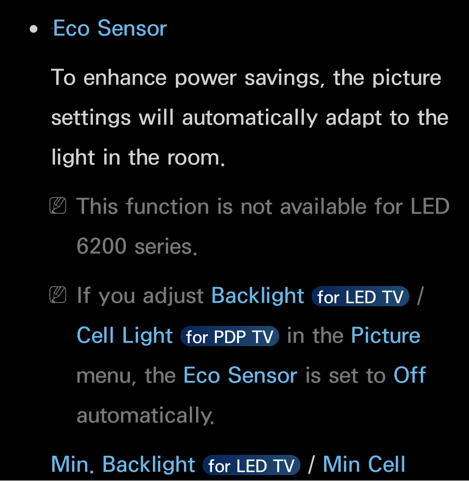 This function is not available for led 6200 series, If you adjust backlight, Cell light | Min cell | Samsung UN55FH6200FXZA User Manual | Page 206 / 678