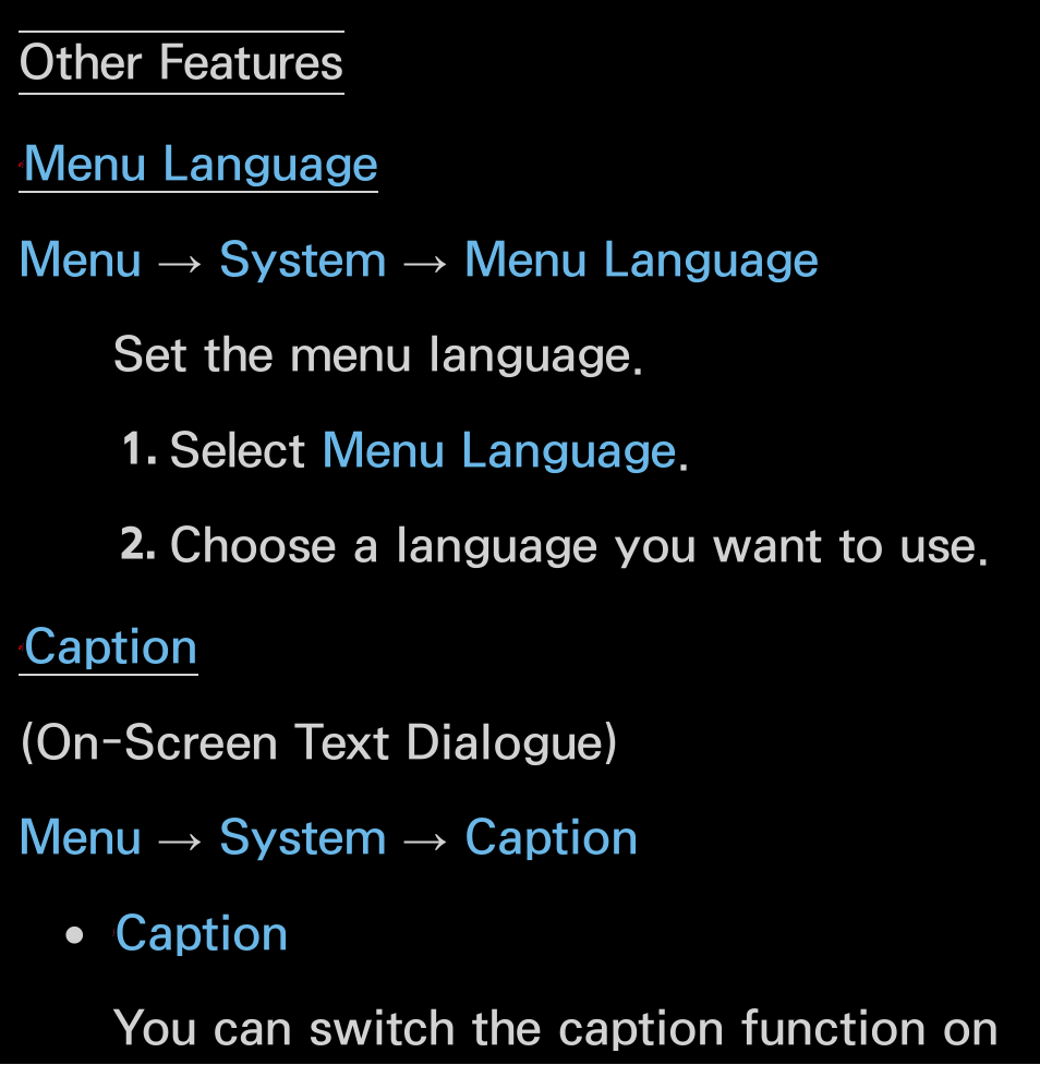 Other features, Caption you can switch the caption function on | Samsung UN55FH6200FXZA User Manual | Page 225 / 678