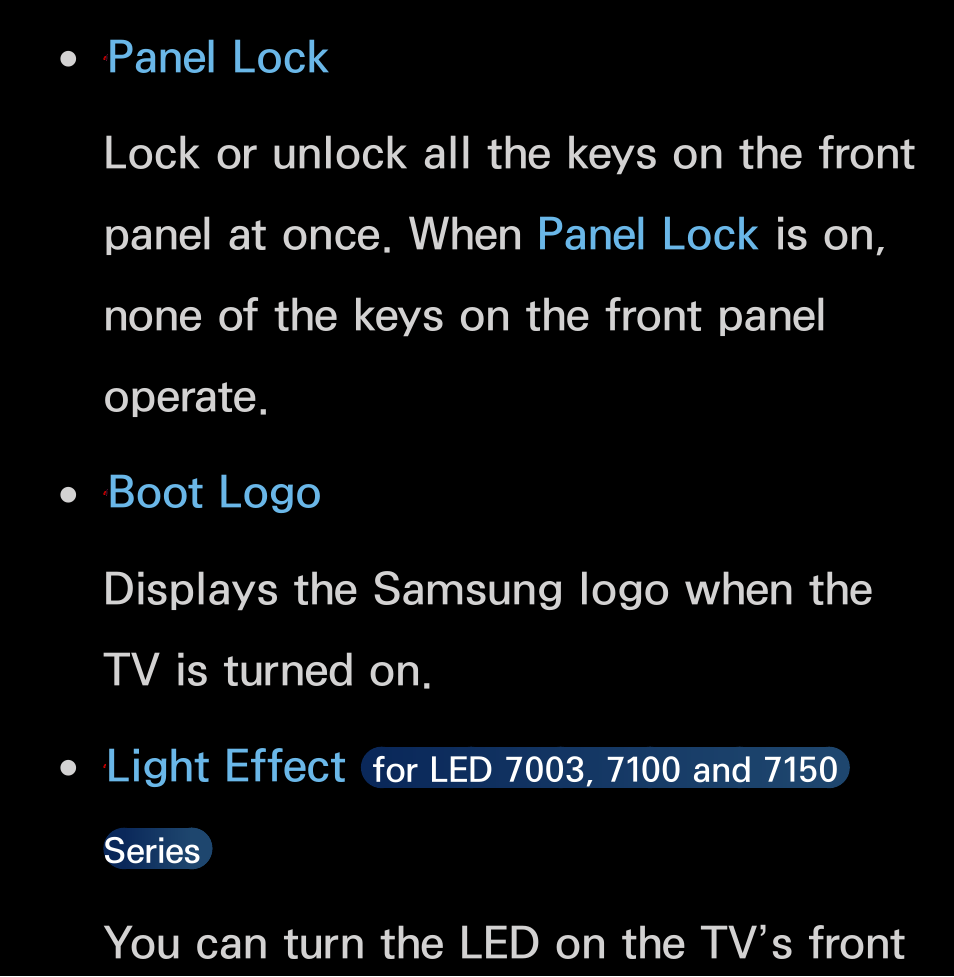 Light effect, You can turn the led on the tv’s front | Samsung UN55FH6200FXZA User Manual | Page 244 / 678