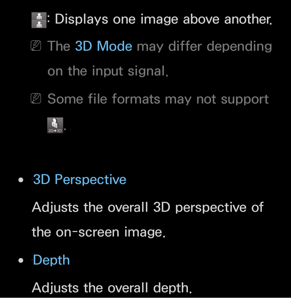 Displays one image above another, Some file formats may not support, Depth adjusts the overall depth | Samsung UN55FH6200FXZA User Manual | Page 277 / 678