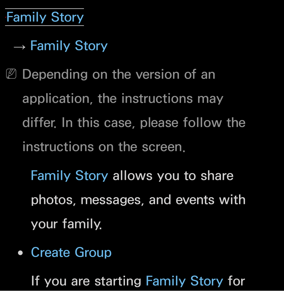 Family story, Family story ² → family story, Create group if you are starting family story for | Samsung UN55FH6200FXZA User Manual | Page 378 / 678