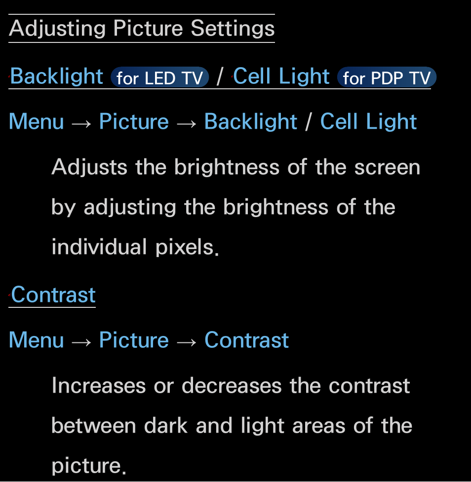 Adjusting picture settings, Backlight, Cell light | Samsung UN55FH6200FXZA User Manual | Page 57 / 678