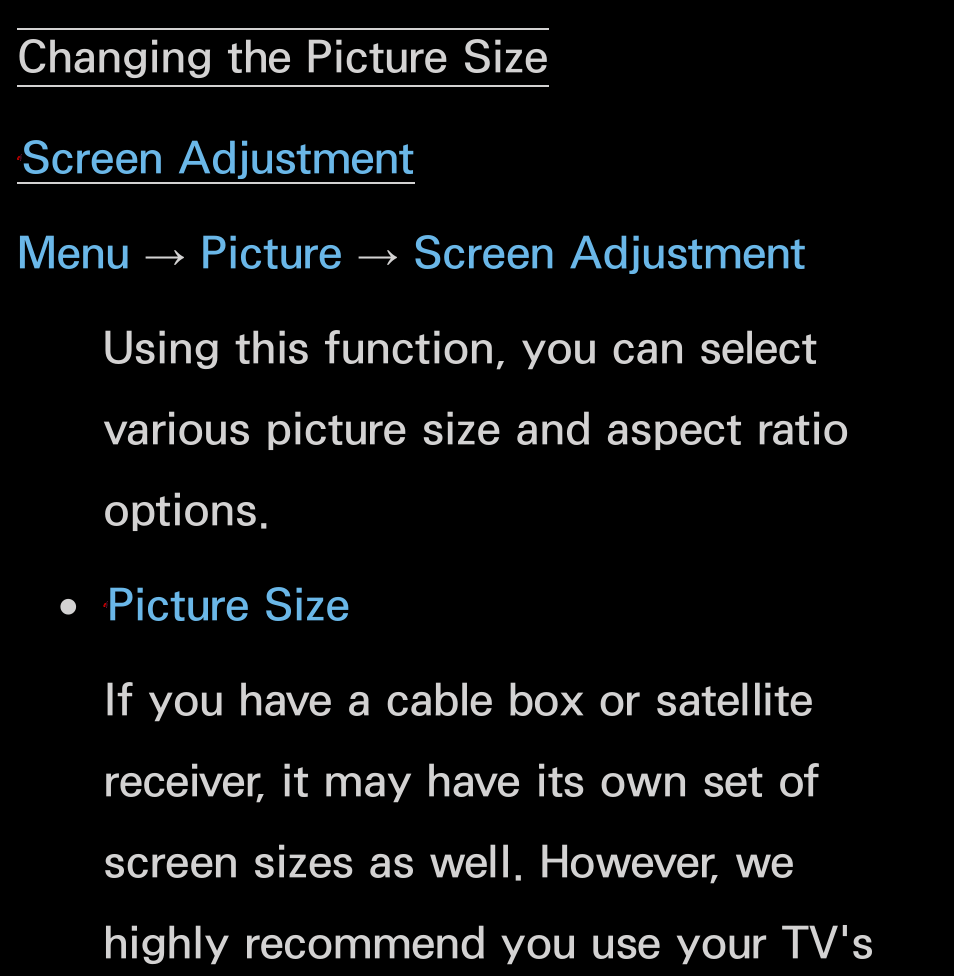 Changing the picture size | Samsung UN55FH6200FXZA User Manual | Page 62 / 678