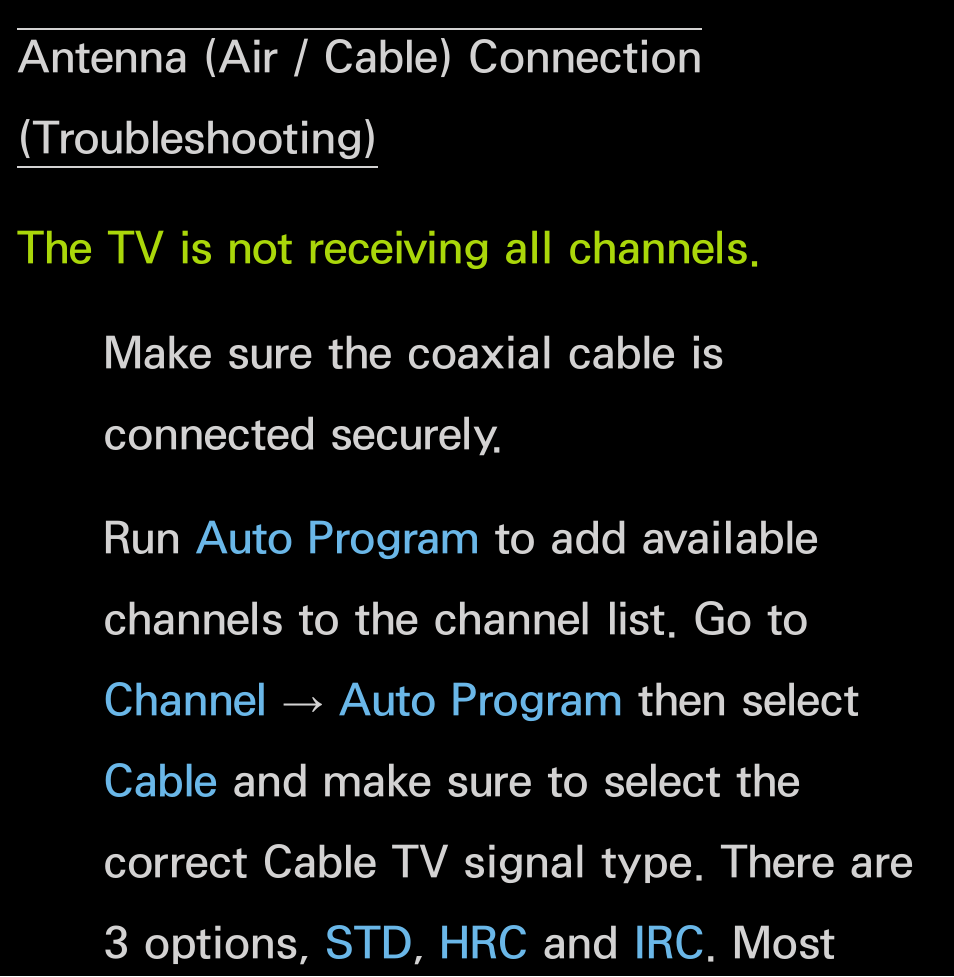 Antenna (air / cable), Connection (troubleshooting) | Samsung UN55FH6200FXZA User Manual | Page 629 / 678