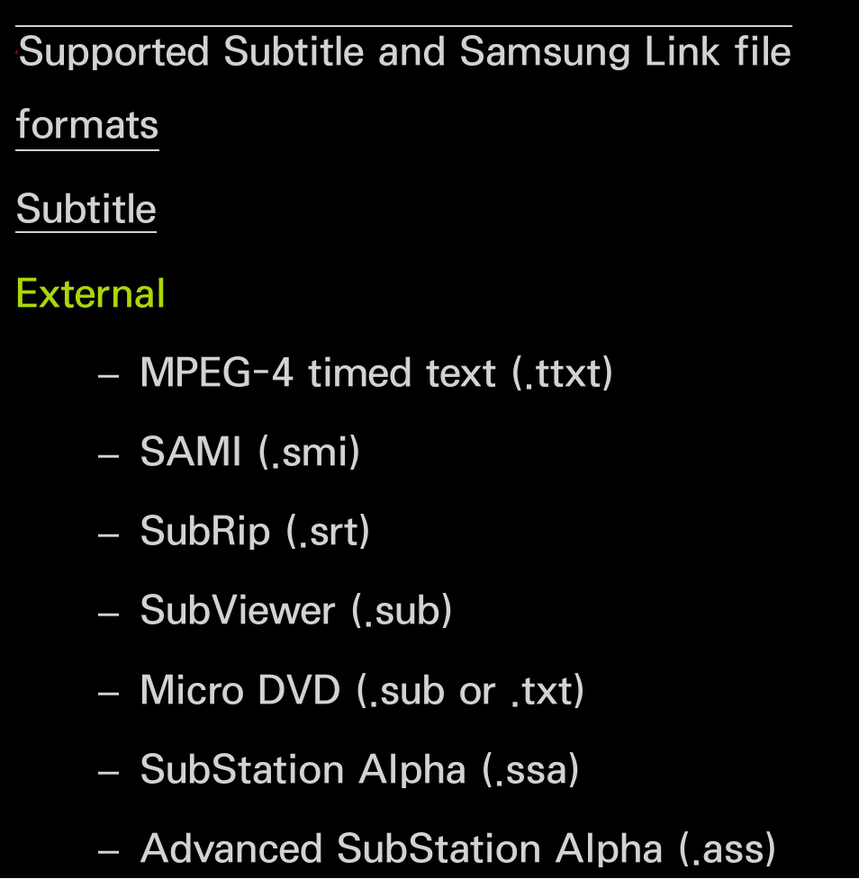 Supported subtitle and, Samsung link file formats | Samsung UN55FH6200FXZA User Manual | Page 664 / 678