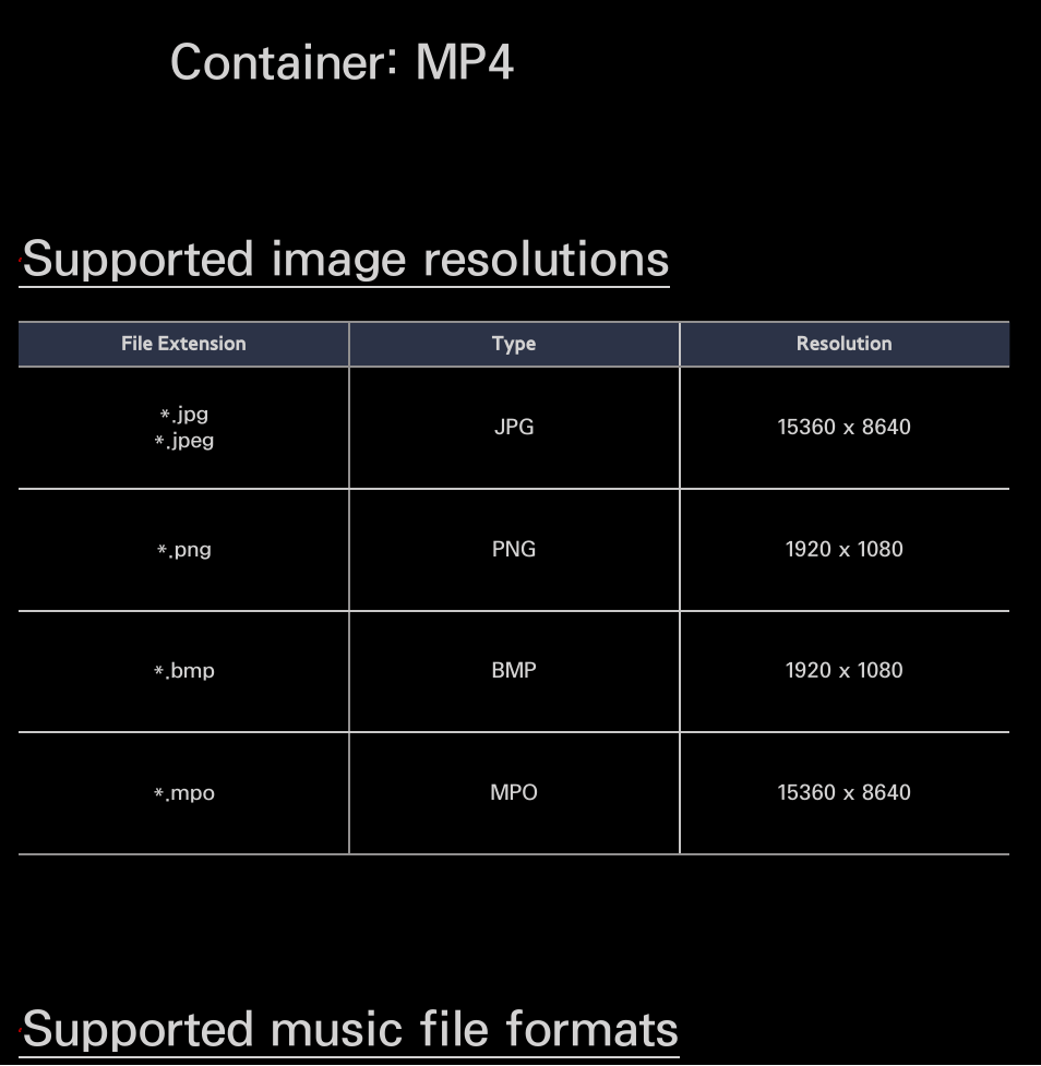 Container: mp4, Supported image resolutions, Supported music file formats | Samsung UN55FH6200FXZA User Manual | Page 666 / 678