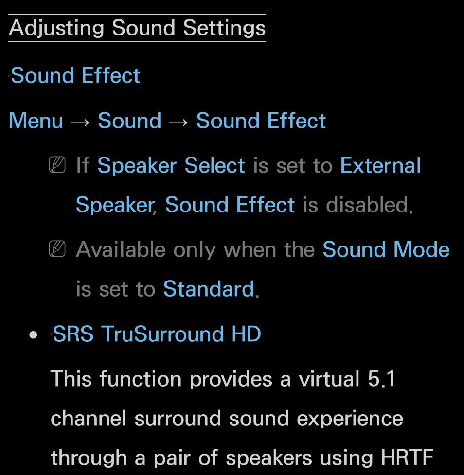 Adjusting sound settings, Sound effect menu → sound → sound effect | Samsung UN55FH6200FXZA User Manual | Page 96 / 678