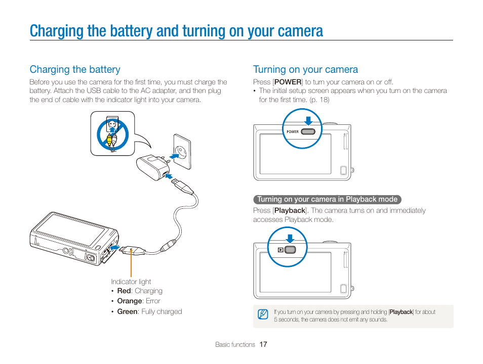 Charging the battery and turning on your camera, Charging the battery, Turning on your camera | Charging the battery and turning on your, Camera, Charging the battery ……………………… 17, Turning on your camera ………………… 17 | Samsung EC-WB210ZBPBCA User Manual | Page 18 / 138