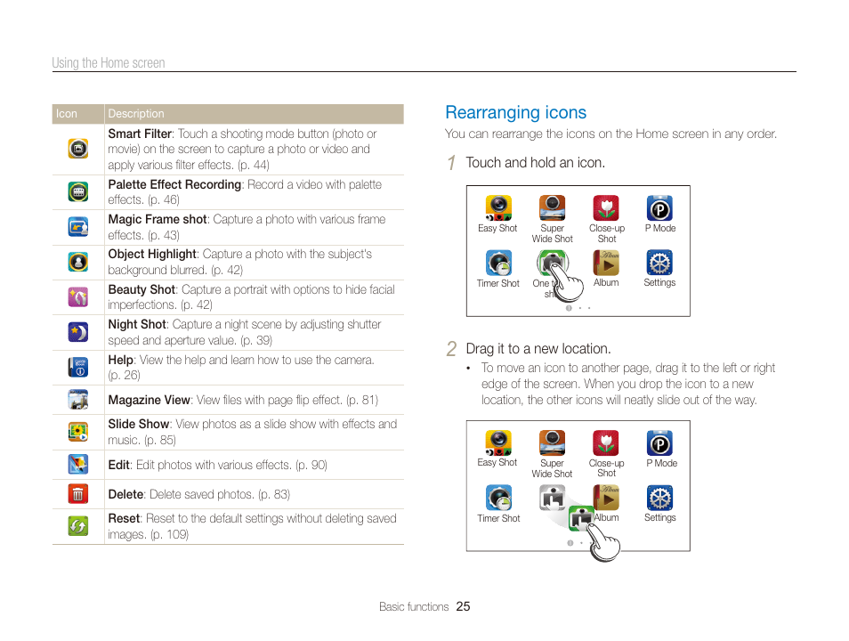 Rearranging icons, Rearranging icons ………………………… 25 | Samsung EC-WB210ZBPBCA User Manual | Page 26 / 138