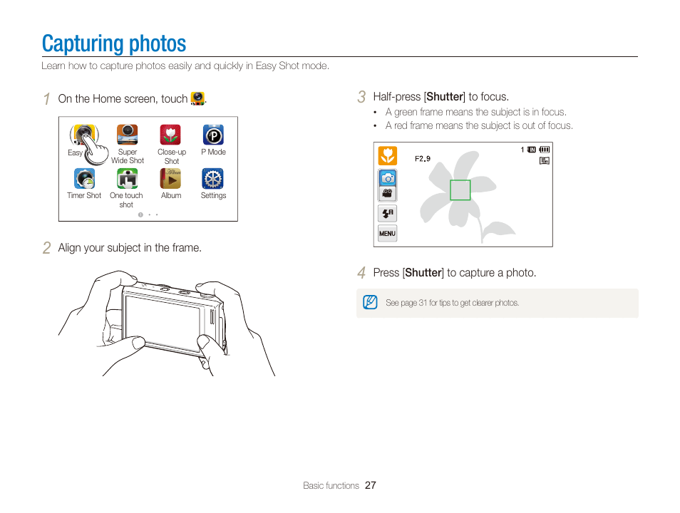 Capturing photos | Samsung EC-WB210ZBPBCA User Manual | Page 28 / 138