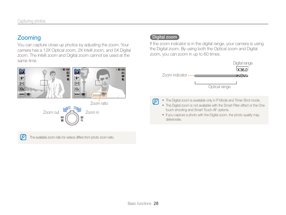 Zooming, Zooming ………………………………… 28 | Samsung EC-WB210ZBPBCA User Manual | Page 29 / 138