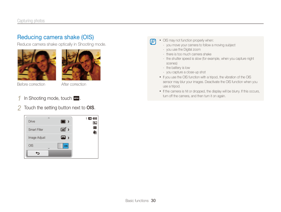 Reducing camera shake (ois), Reducing camera shake (ois) …………… 30 | Samsung EC-WB210ZBPBCA User Manual | Page 31 / 138