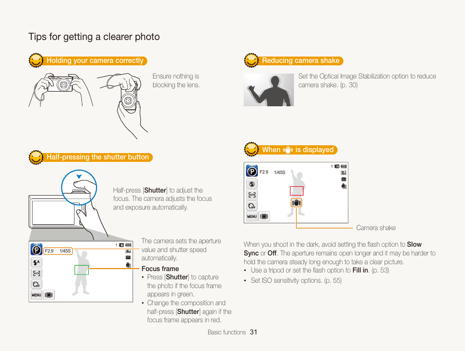 Tips for getting a clearer photo, To ensure the subject is focused. (p. 31) | Samsung EC-WB210ZBPBCA User Manual | Page 32 / 138