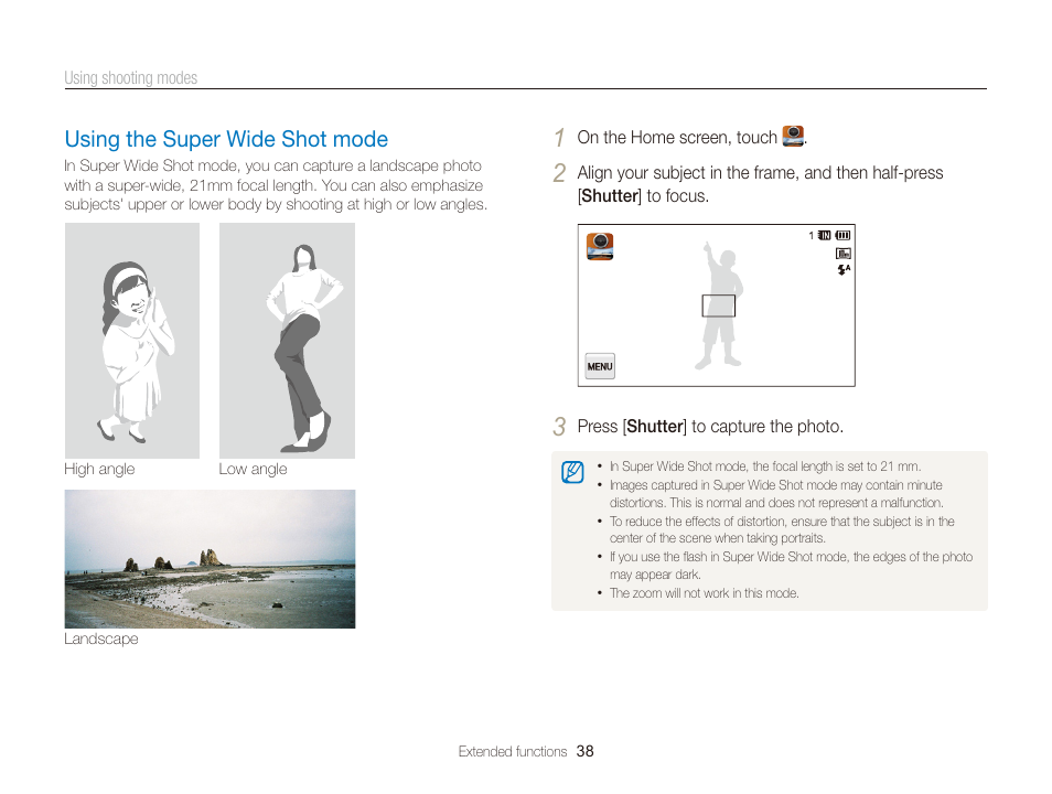 Using the super wide shot mode, Using the super wide shot mode ……… 38 | Samsung EC-WB210ZBPBCA User Manual | Page 39 / 138