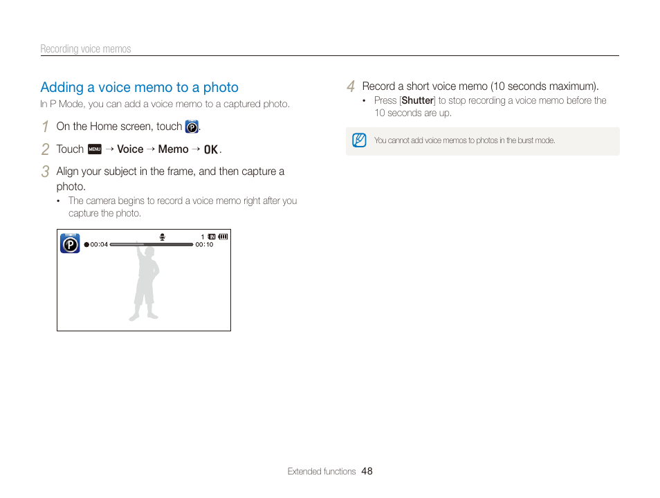 Adding a voice memo to a photo, Adding a voice memo to a photo ………… 48 | Samsung EC-WB210ZBPBCA User Manual | Page 49 / 138