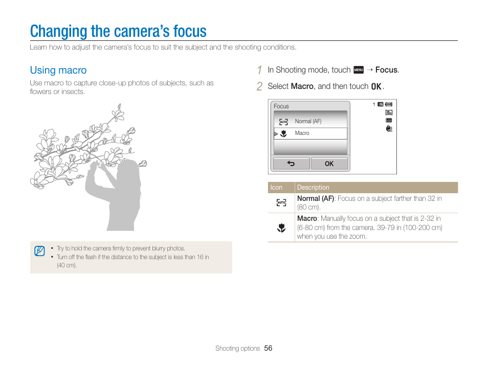 Changing the camera’s focus, Using macro, Using macro ……………………………… 56 | Samsung EC-WB210ZBPBCA User Manual | Page 57 / 138