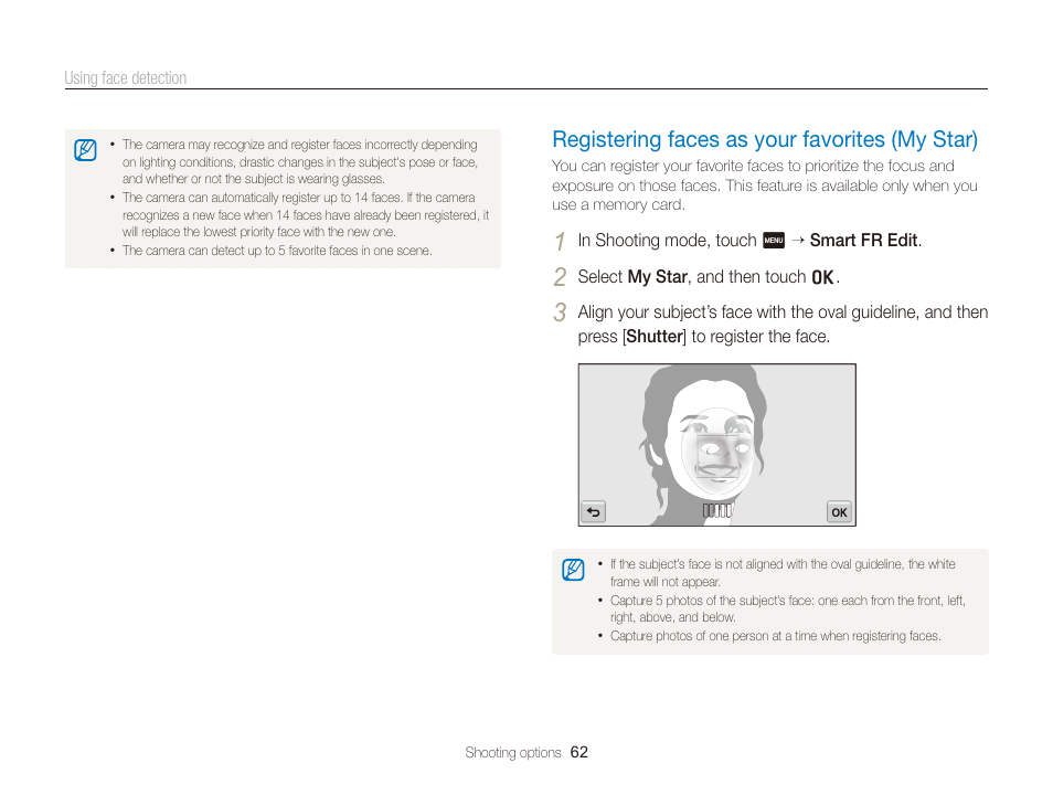 Registering faces as your favorites (my star), Registering faces as your favorites, My star) ………………………………… 62 | Samsung EC-WB210ZBPBCA User Manual | Page 63 / 138