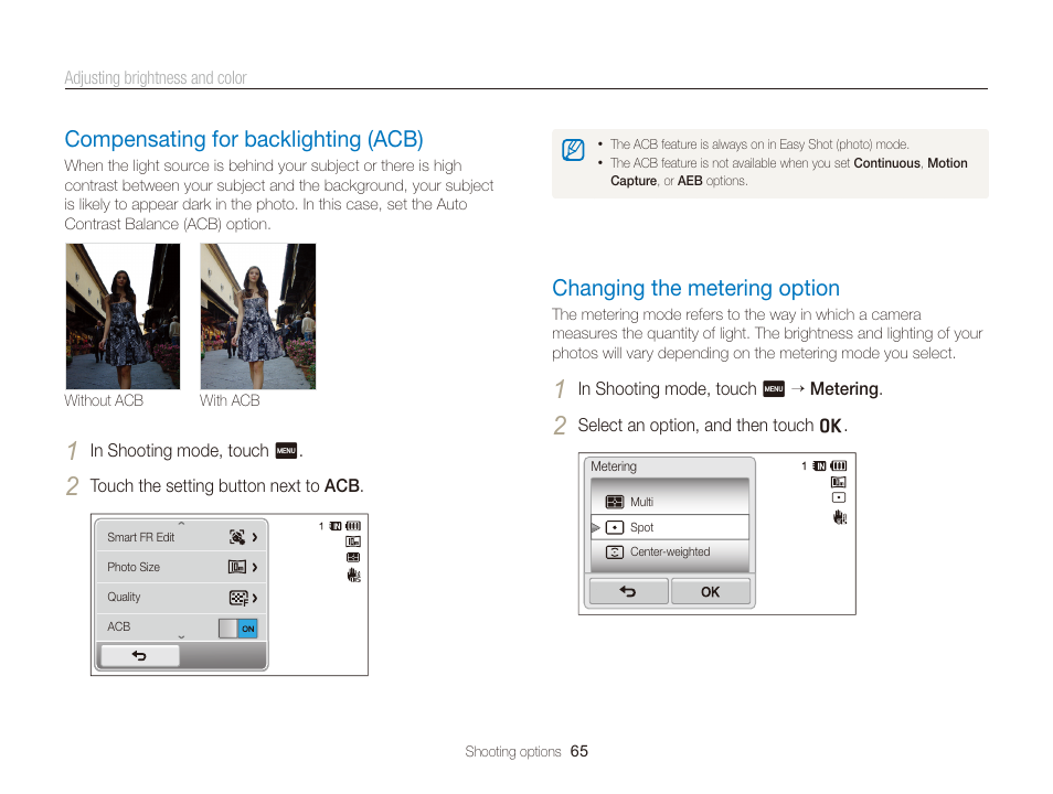 Compensating for backlighting (acb), Changing the metering option, Option. (p. 65) | Compensating for backlighting (acb) …… 65, Changing the metering option …………… 65 | Samsung EC-WB210ZBPBCA User Manual | Page 66 / 138