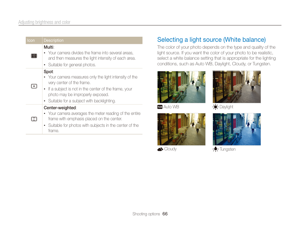 Selecting a light source (white balance), Selecting a light source (white balance) … 66 | Samsung EC-WB210ZBPBCA User Manual | Page 67 / 138