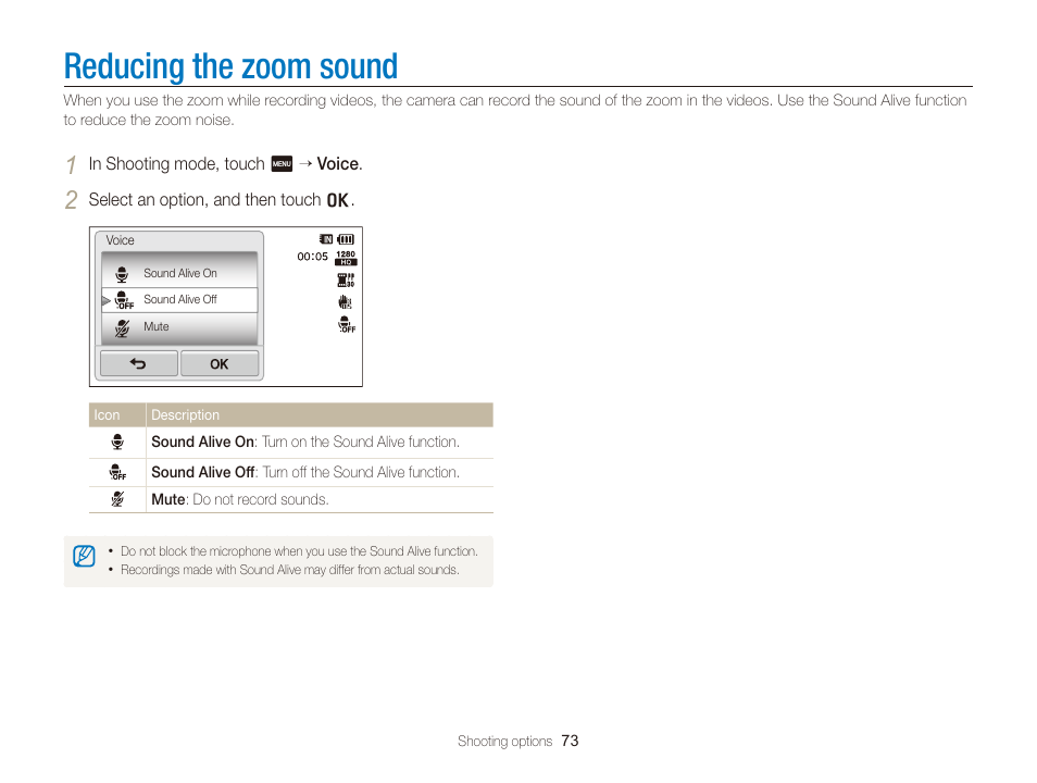 Reducing the zoom sound | Samsung EC-WB210ZBPBCA User Manual | Page 74 / 138