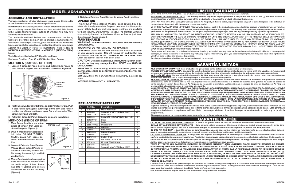 Limited warranty, Garantía limitada, Garantie limitée | Assembly and installation, Method a (outside of trim), Method b (inside of trim), Operation, Maintenance, Replacement parts list, Warning | Air King 9166D User Manual | Page 2 / 4