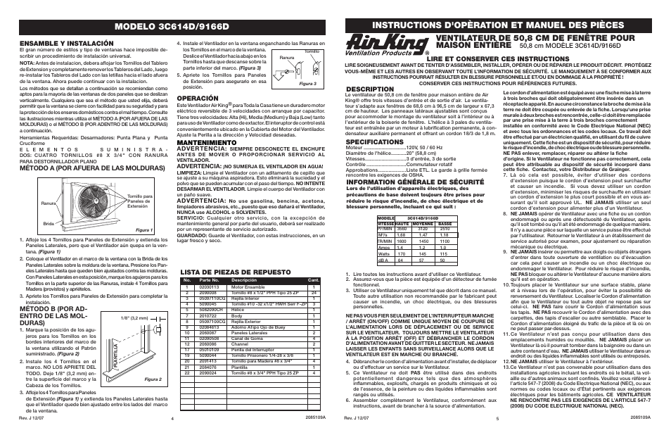 Instructions d'opèration et manuel des pièces, Operación, Mantenimiento | Ensamble y instalación, Método a (por afuera de las molduras), Método b (por ad- entro de las mol- duras), Lista de piezas de repuesto, Lire et conserver ces instructions, Specifications, Information générale de sécurité | Air King 9166D User Manual | Page 4 / 4