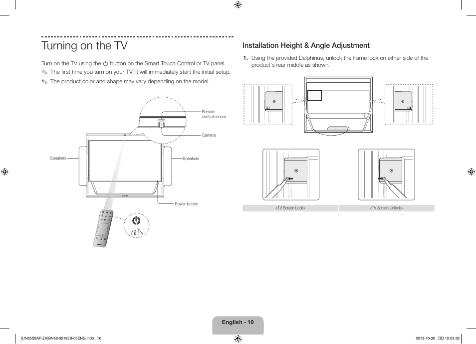 Turning on the tv, Installation height & angle adjustment | Samsung UN85S9AFXZA User Manual | Page 10 / 34