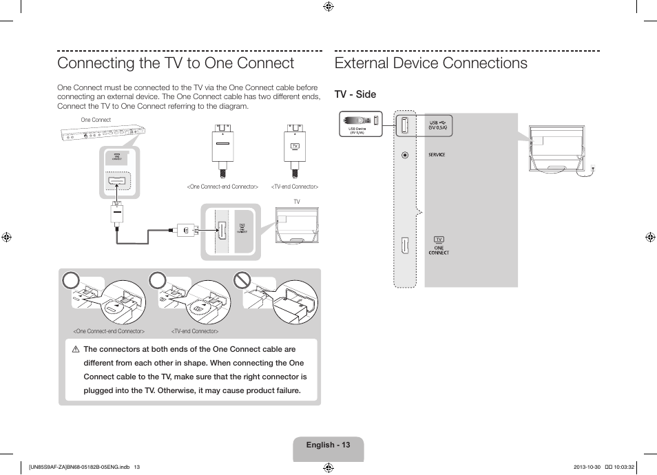 Connecting the tv to one connect, External device connections, Tv - side | Samsung UN85S9AFXZA User Manual | Page 13 / 34